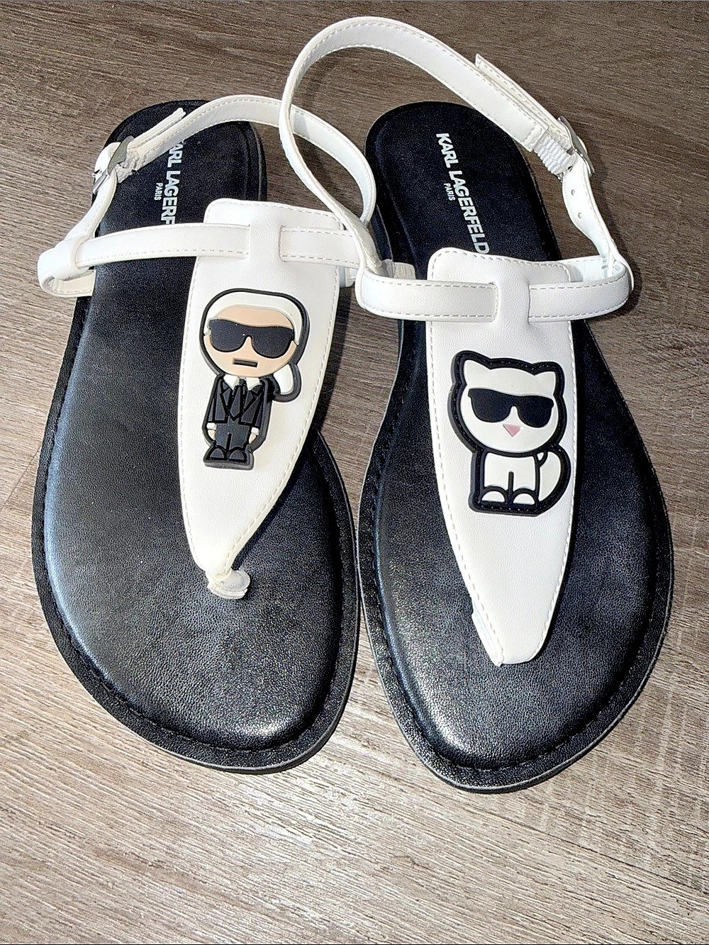 KARL LAGERFELD Logo Charm Sandals in Black & White US 8.5
